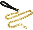 Plated Golden Dogs Leash with Collar Suit Cuban Link Chain Stainless Steel Pet Dog Safety Leash with PU Leather Handle for Dog Lead