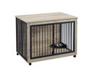 Furniture Style Dog Crate Side Table With Rotatable Feeding Bowl, Wheels, Three Doors, Flip-Up Top Opening. Indoor, Grey, 43.7"W x 30"D x 33.7"H